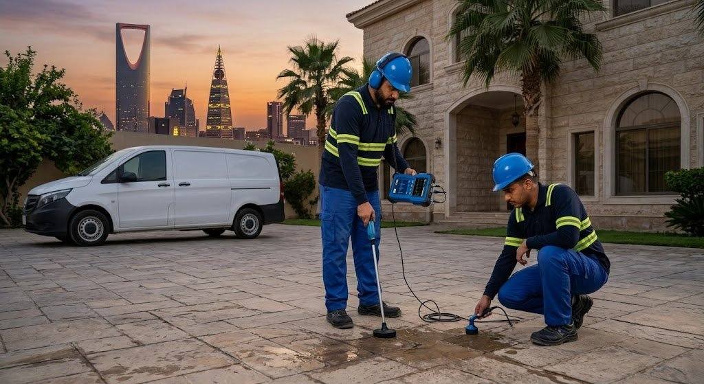فني متخصص يقوم بفحص وكشف تسربات المياه باستخدام أجهزة متطورة بدون تكسير ضمن خدمات كشف تسربات حي الصفا لضمان الحفاظ على المبنى وتوفير راحة العملاء.