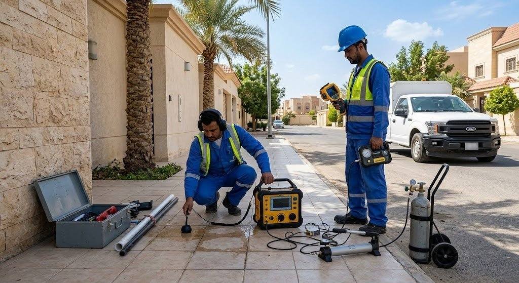فريق عمل محترف يقوم بفحص وكشف تسربات المياه بدقة وأمان باستخدام أحدث الأجهزة الإلكترونية دون تكسير ضمن خدمات كشف تسربات حي المرجان لضمان حماية المباني وراحة العملاء.