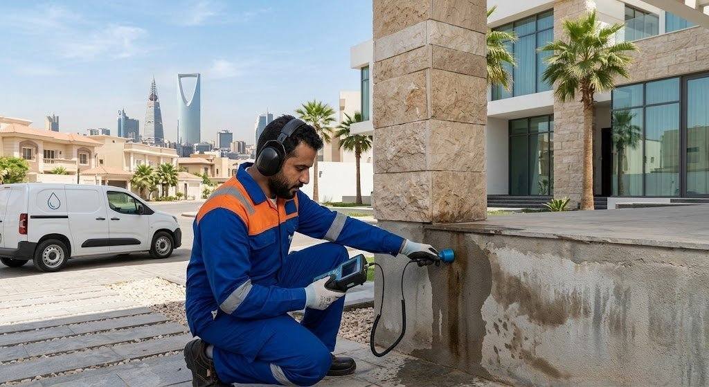 فني محترف يقوم بفحص وكشف تسربات المياه بدقة وأمان باستخدام أحدث الأجهزة الإلكترونية دون تكسير ضمن خدمات كشف تسربات حي البغدادية لضمان حماية المباني وراحة العملاء.