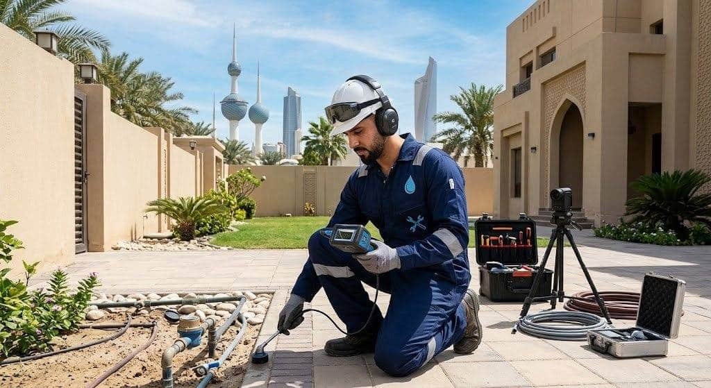 فني محترف يقوم بأعمال فحص وكشف خرير المياه بدقة وأمان باستخدام أحدث الأجهزة الإلكترونية دون تكسير ضمن خدمات شركة كشف خرير المياه لضمان سلامة المبنى وراحة العملاء.