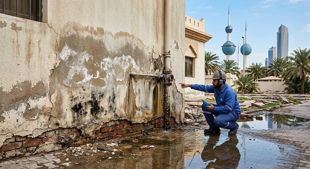 فني محترف يقوم بأعمال فحص وكشف تسربات المياه بدقة وأمان باستخدام أحدث الأجهزة الإلكترونية المتطورة وبدون تكسير ضمن خدمات كشف تسربات حي البلد لضمان المحافظة على سلامة المباني وراحة العملاء.