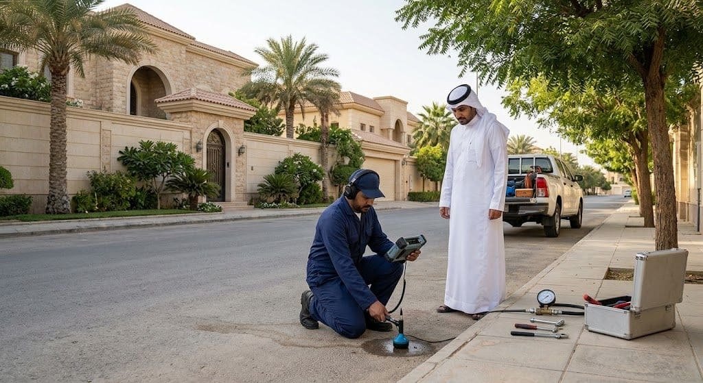 فني محترف يقوم بأعمال كشف وتحديد تسربات المياه بدقة وأمان باستخدام أحدث الأجهزة الإلكترونية دون تكسير ضمن خدمات كشف تسربات حي الحمراء لضمان المحافظة على المباني وراحة العملاء.