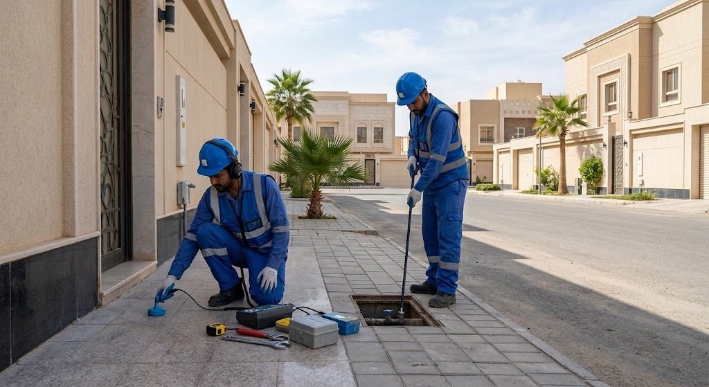 فني محترف يقوم بأعمال فحص وكشف تسربات المياه إلكترونياً بدون تكسير بدقة وأمان باستخدام أحدث الأجهزة التقنية ضمن خدمات كشف تسربات حي الشرفية لضمان المحافظة على البنية التحتية وراحة العملاء.